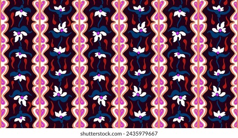 Japanisches Muster mit Streifen und Blumen. Volksstickerei. indisch, skandinavisch, zigeunerisch, mexikanisch, afrikanischer Teppich. Damast Blumenhintergrund. In: Geometric folk ornament. Ethnische Vektortexturen der Stämme.