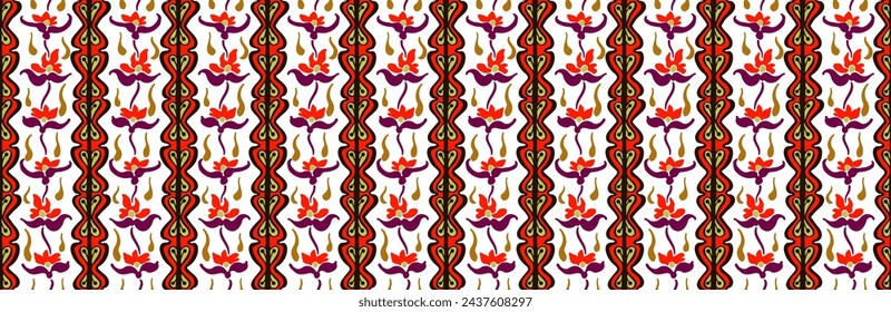 Japanese pattern with stripes and flowers. Folk embroidery. Indian, Scandinavian, Gypsy, Mexican, African carpet. Damask floral background. Geometric folk ornament. Tribal ethnic vector textures.