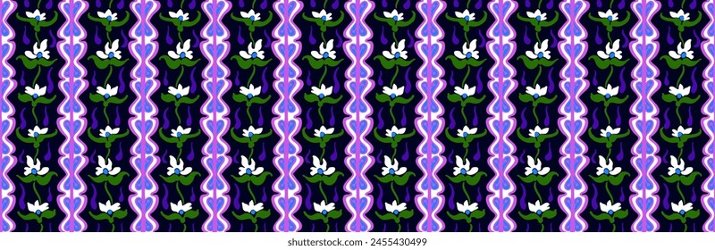 Japanisches Muster mit Streifen und Blumen. Folk Stickerei. indisch, skandinavisch, zigeunerisch, mexikanisch, afrikanischer Teppich. Damast Blumenhintergrund. In: Geometric folk ornament. Texturen ethnischer Vektorgrafiken.