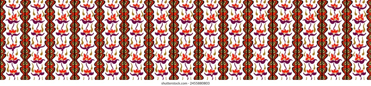 Patrón japonés con rayas y flores. Bordado de Folk. Alfombra india, escandinava, gitana, mexicana, africana. Fondo floral de damasco. Adorno folclórico geométrico. Texturas de Vector étnico tribal.
