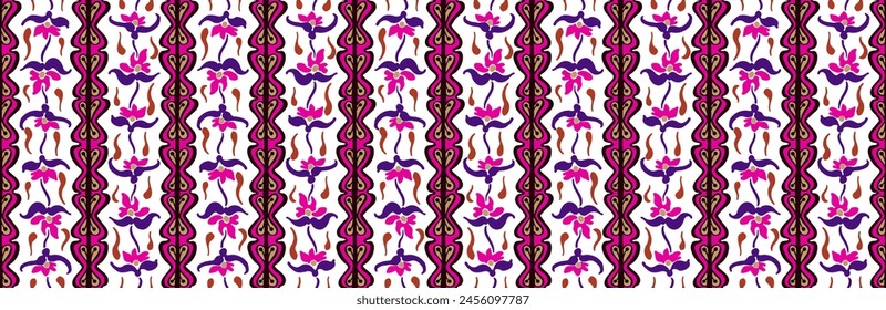 Patrón japonés con rayas y flores. Bordado de Folk. Alfombra india, escandinava, gitana, mexicana, africana. Fondo floral de damasco. Adorno folclórico geométrico. Texturas de Vector étnico tribal.