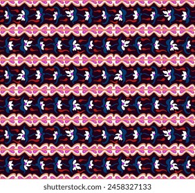Japanese pattern with stripes and flowers. Folk embroidery. Indian, Scandinavian, Gypsy, Mexican, African carpet. Damask floral background. Geometric folk ornament. Tribal ethnic vector textures.