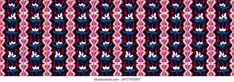 Japanese pattern with stripes and flowers. Folk embroidery. Indian, Scandinavian, Gypsy, Mexican, African carpet. Damask floral background. Geometric folk ornament. Tribal ethnic vector textures.
