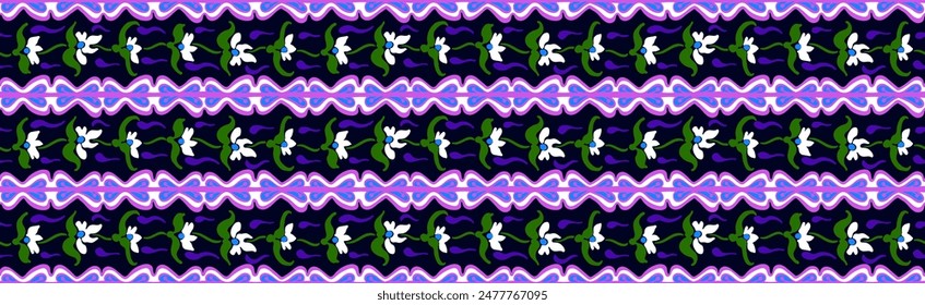 Patrón japonés con rayas y flores. Bordado de Folk. Alfombra india, escandinava, gitana, mexicana, africana. Fondo floral de damasco. Adorno folclórico geométrico. Texturas de Vector étnico tribal.