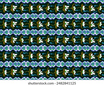 Patrón japonés con rayas y flores. Bordado de Folk. Alfombra india, escandinava, gitana, mexicana, africana. Fondo floral de damasco. Adorno folclórico geométrico. Texturas de Vector étnico tribal.