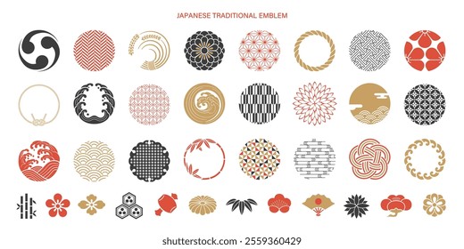 Japanese pattern symbols and Japanese style icon set. New year illustration.