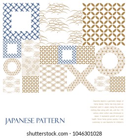 Japanese pattern template. Gold and blue geometric background. Circle, cross, square shape.