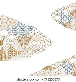 Japanese pattern template vector. Gold and blue background for cover page design, backdrop, card, poster.