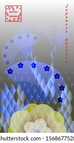 Japanese pattern, three fans on background multicolored fish scales of koi carp, sakura flowers. Poster with trendy modern design template for covers, cards. Vector illustration, vertical gradient.