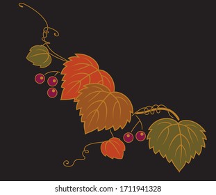 Japanese pattern.The pattern of the twig, a variety of colorful leaves on a dark green background.Vector asian texture.For printing on packaging, textiles, paper, manufacturing, wallpapers, scrapbooki