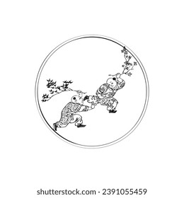 Japanese pattern with two cheerful people. Graphic drawing. Vector illustration.