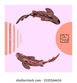 Japanese pattern, two decorative Koi carp fish, sun and moon. Poster with trendy modern design template for covers, cards. Vector illustration, objects of pink and coral color on white background.