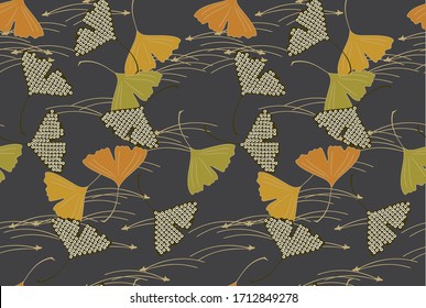 Japanese pattern. A variety of foliage patterns, various shapes, beautifully arranged on a dark green background.Vector asian texture.For printing on packaging, textiles, paper, manufacturing, wallpap