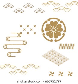 Japanese Pattern Vector Background. Classic Icon From Japan. Flower, Wave. Tree Icons And Elements.