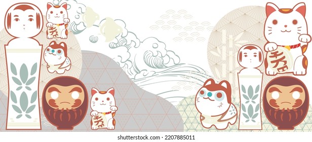 Japanese pattern vector banner design with geometric elements. Nature art background with Lucky cat charming doll invitation card template in vintage style. Asian traditional icon and geometric design