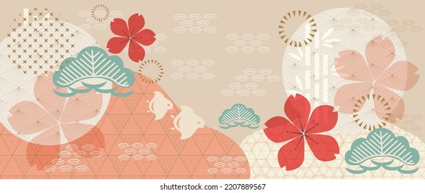  Japanese pattern vector banner and icon design. Nature art background with bamboo and bonsai tree invitation card template in vintage style. Asian traditional icon and symbol design