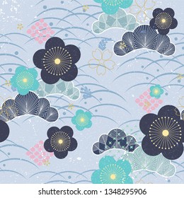 Japanese pattern vector. Blue flower background with Japanese icons. Leaves and floral template.