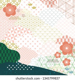 Japanese pattern vector with cherry blossom elements. Geometric background with flower icons. Asian template.