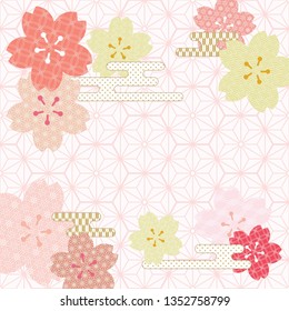 Japanese pattern vector. Cherry blossom with cloud ornaments background. Geometric template with nature backdrop.