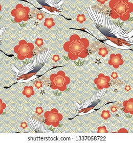 Japanese pattern vector. Crane birds , cherry blossom and wave pattern motif background.