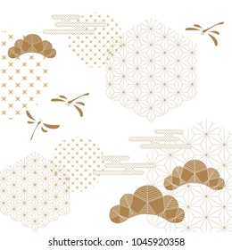 Japanese pattern vector with dragonfly, bonsai, cloud icon. Gold geometric  background. Fly, wave and tree in oriental style.