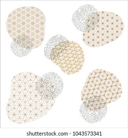 Japanese pattern vector. Gold and black elements background. Stone shape cover page design.
