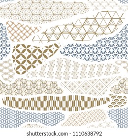 Japanese pattern vector. Gold and blue geometric background. Kimono textile design.