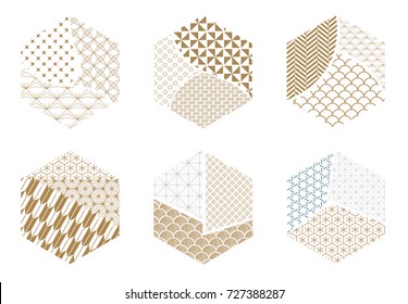 Japanese pattern vector. Gold and blue geometric background in collage style for icon, symbol, backdrop, cover page design.