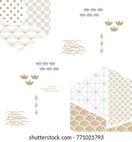 Japanese pattern vector. Gold and blue geometric background.