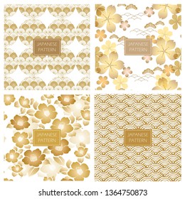 Japanese pattern vector. Gold flower seamless background. Wave pattern.