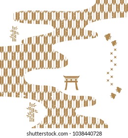 Japanese pattern vector. Gold geometric background with elements such as bird, bamboo, door.
