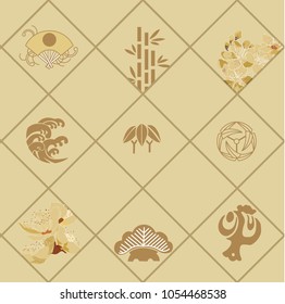 Japanese pattern vector. Gold geometric background. Icon and element. Cherry blossom flower, crest, fan, tree, bamboo.