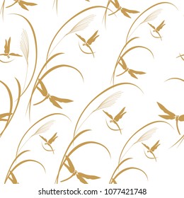 Japanese pattern vector. Gold geometric background. Grass and fly elements.