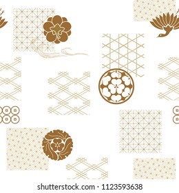 Japanese pattern vector. Gold geometric background. Crest of Japan tradition. Wrapping paper, Template, Icons, elements.