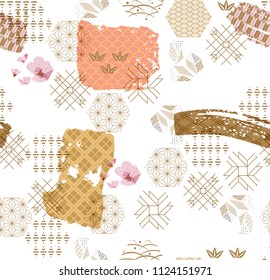 Japanese pattern vector. Gold geometric  background. Cherry blossom flower elements