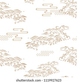 Japanese pattern vector. Gold hand drawn background. Wave hand drawn elements in oriental style. Natural icon.