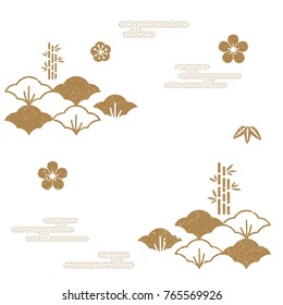 Japanese pattern vector. Gold icons and symbols of traditional in Asian background.