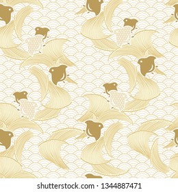 Japanese pattern vector. Gold traditional motif background. Hand drawn wave template.