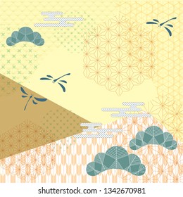 Japanese pattern vector. Oriental background with traditional motives. Dragonfly, bonsai, cloud and geometric elements.