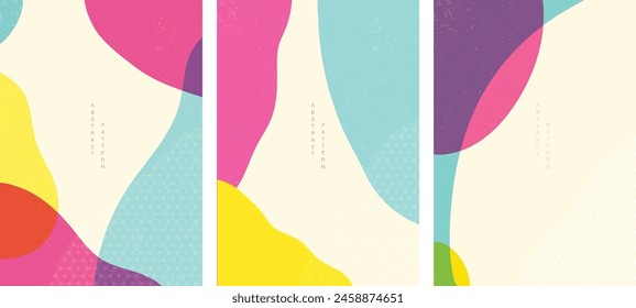 Japanese pattern vector. Oriental wedding invitation and frame background. Geometric pattern and brush stroke decoration. Abstract art template in risography style