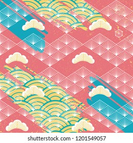 Japanese pattern vector. Pink geometric background. Brush stroke with pine icons.