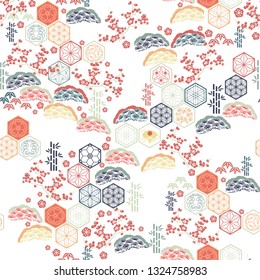 Japanese pattern vector. Red flower , Bamboo, Pine tree  elements  background.