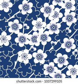 Japanese pattern vector. Sakura Blue background texture.