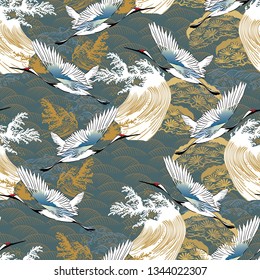 Japanese pattern vector. Traditional motif background with crane birds and wave elements. Asia oriental template. Natural luxury texture.