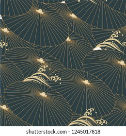 Japanese Pattern Vector. Umbrella And Wave Elements Background.