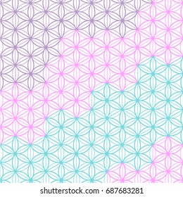 Japanese pattern vector in Unicorn color palette. Geometric graphic in purple, blue and pink background. Flower template.