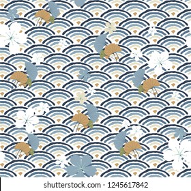 Japanese pattern vector. Wave, ginkgo leaves and Cherry blossom elements background.