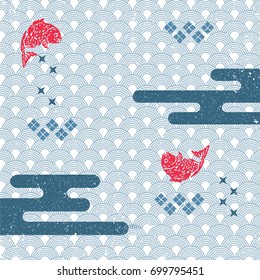 Japanese pattern vector. Wave in the sea with red fish background.