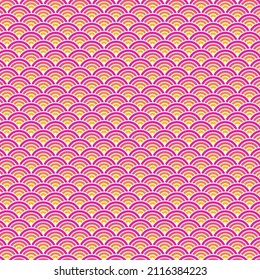 Japanese pattern violet, pink and red arc. Abstract circle art background. Wave inspiration classic retro style, Cloth design in orange and yellow curve line. Oriental pattern. Multicolor background.