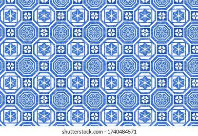 Patrón japonés con sombra blanca sobre un fondo azul transparente: patrón arabesco y forma poligonal